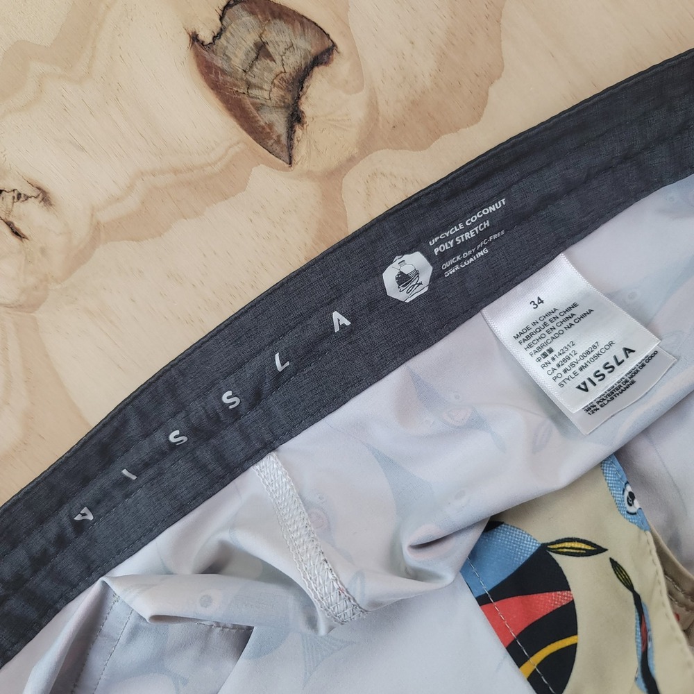 Vissla Board Shorts Mens 34 Beige Angler Fish Upcycle Coconut Poly Stretch - Picture 5 of 7